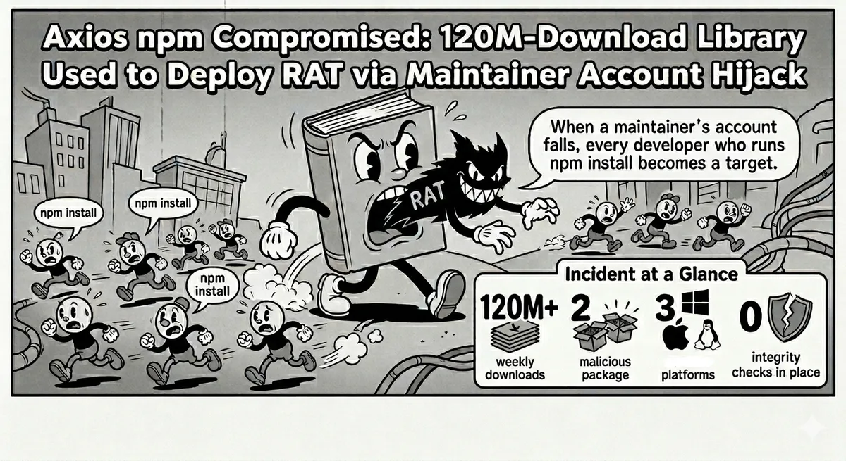 Axios npm supply chain attack , a RAT deployed via maintainer account hijack targeting 100 million weekly downloads