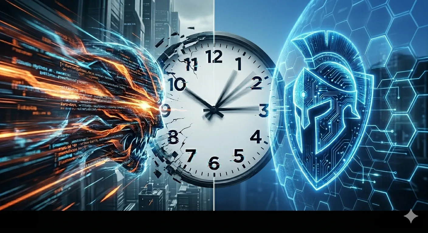 Autonomous AI exploit stream colliding with a collapsing clock, versus a cyber-armoured defence shield — representing the race between agentic attackers and behavioral defenders