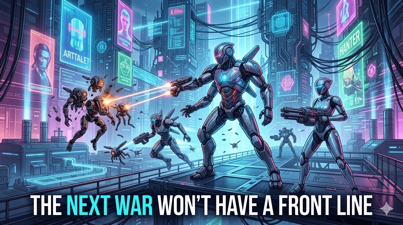 AI agent drone swarm overwhelming legacy tank defence — the economics of agentic cyber warfare visualised — Helixar threat intelligence