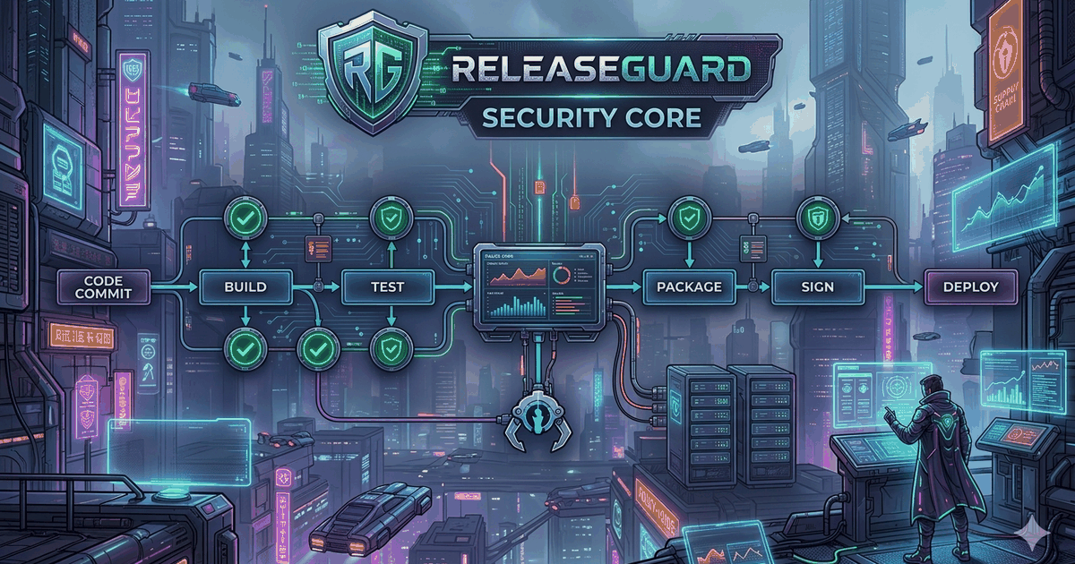 ReleaseGuard Security Core: artifact pipeline — Code Commit, Build, Test, Package, Sign, Deploy — with security checkpoints at every stage